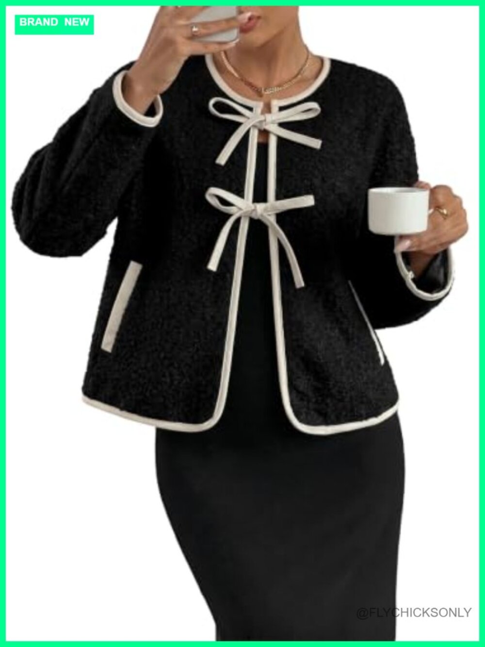 Cropped Fleece Jacket Women Bow Tie Front Elegant Cardigan Coat